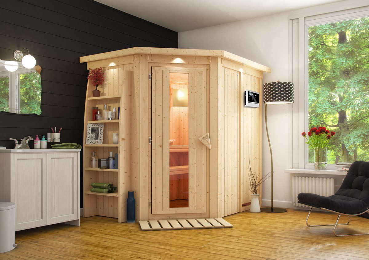 Karibu Energiespar-Sauna Caspin GREEN POWER - 196x151 cm, 68 mm Systemsauna mit Dachkranz | PnP-Ofen finnisch mit ext. Steuerung