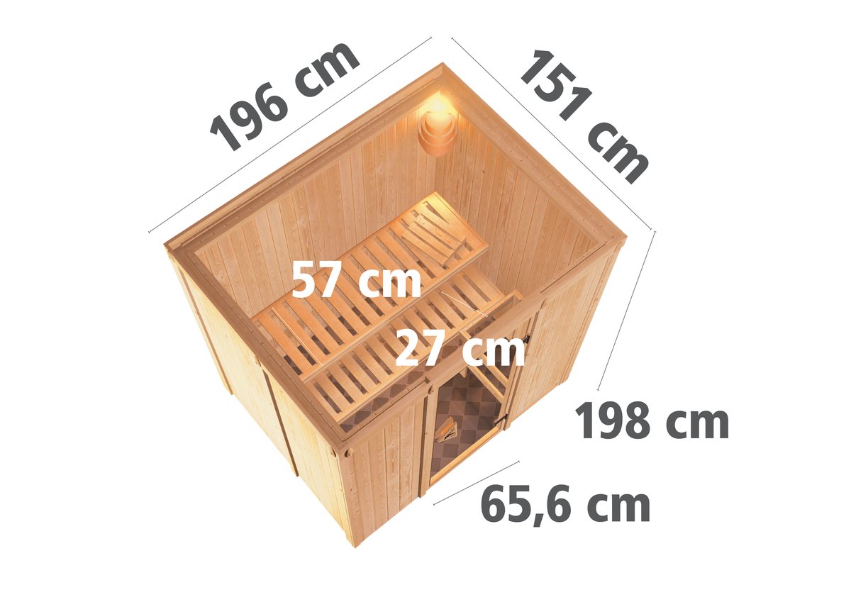 Karibu Plug & Play Sauna Fanja - 196x151 cm, 68 mm Systemsauna|Energiespartür|ohne Ofen