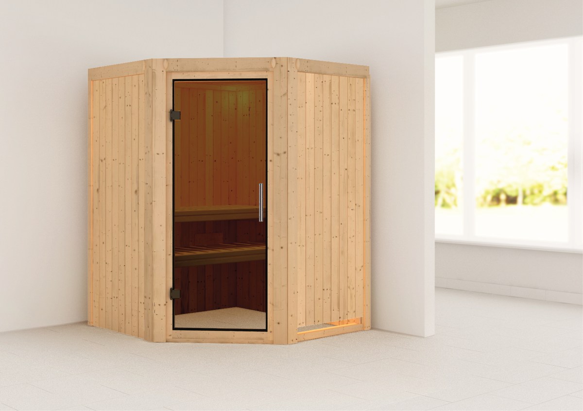 Karibu Sauna Larin - 151x151 cm, 68 mm Systemsauna | Glastür graphit | ohne Ofen