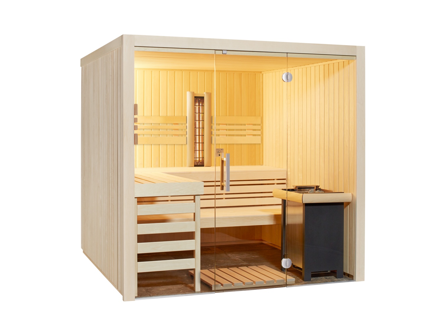 Kombisauna Panorama Complete Espe 210 - 210x210 cm, 75 mm Elementsauna mit Infrarot