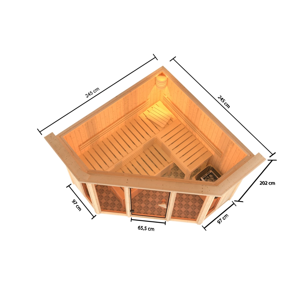 Karibu 5-Eck-Sauna Alcinda - 231x231 cm, 68 mm Systemsauna mit Kranz | Ofen 9 kW mit integr. Steuerung