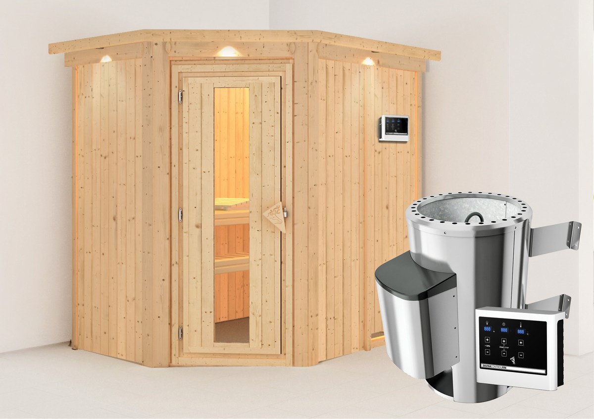 Karibu Energiespar-Sauna Caspin GREEN POWER - 196x151 cm, 68 mm Systemsauna mit Dachkranz | PnP-Ofen finnisch mit ext. Steuerung