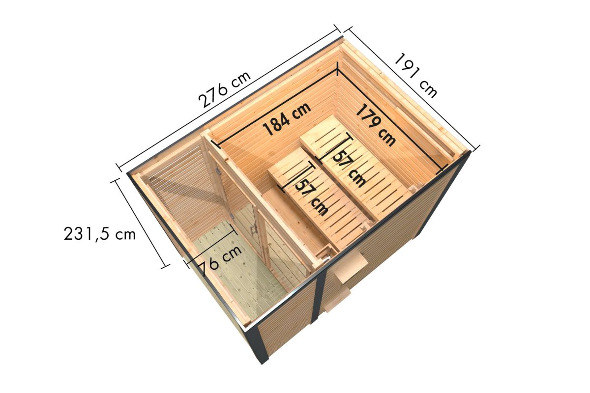 Hybrid-Saunahaus Ares 1 - 191x276 cm, 38mm Außensauna natur/anthrazit | ohne Ofen