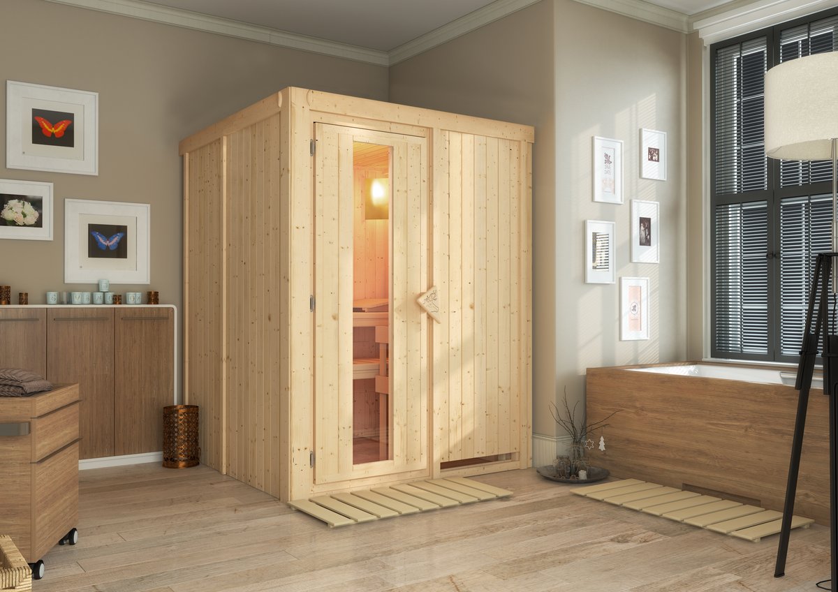 Karibu Sauna Norin - 151x151 cm, 68 mm Systemsauna | Energiespartür | ohne Saunaofen