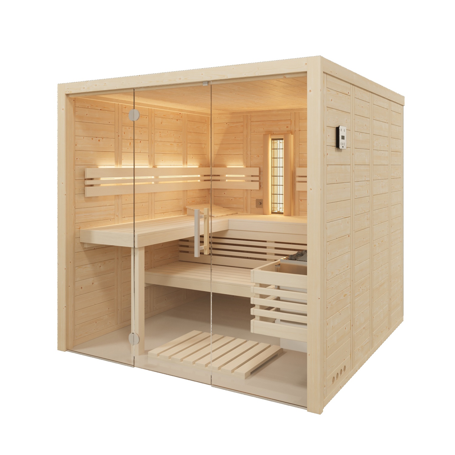 Kombisauna Solido Glas Complete - 210x212 cm, 40 mm Massivholzsauna mit Infrarot