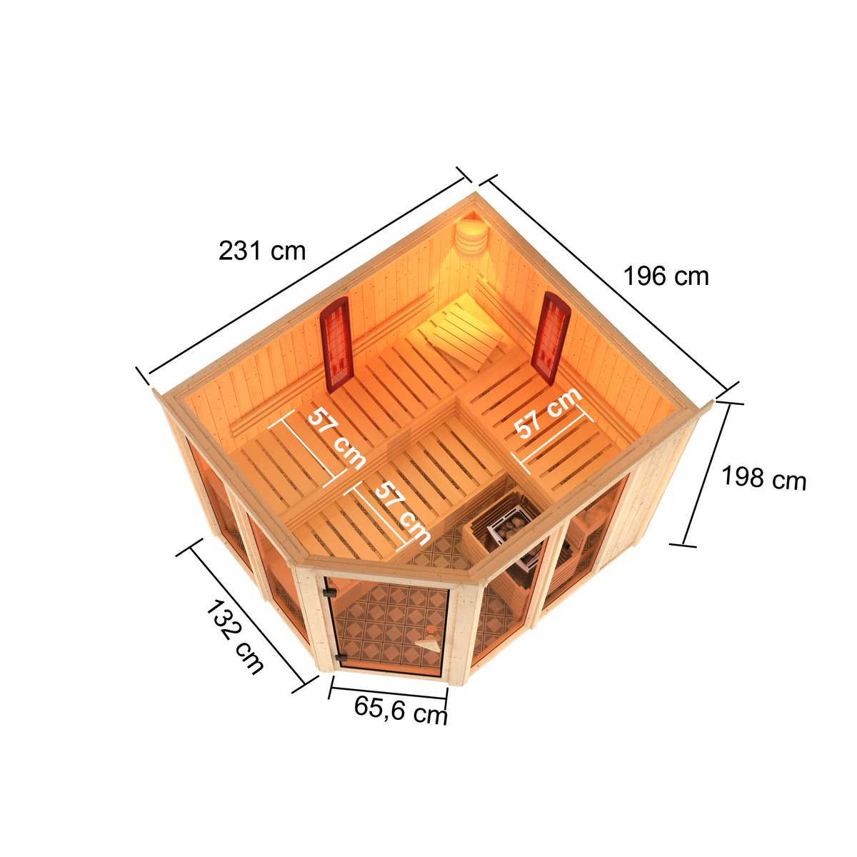 Karibu Sauna Ava - 231x196 cm, 68 mm Multifunktionssauna (Sauna / Infrarotkabine) | Ofen finnisch + IR-Strahler