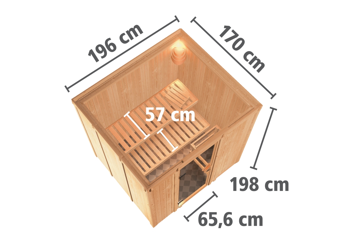 Karibu Sauna Sodin - 196x170 cm, 68 mm Systemsauna | Glastür graphit | ohne Ofen