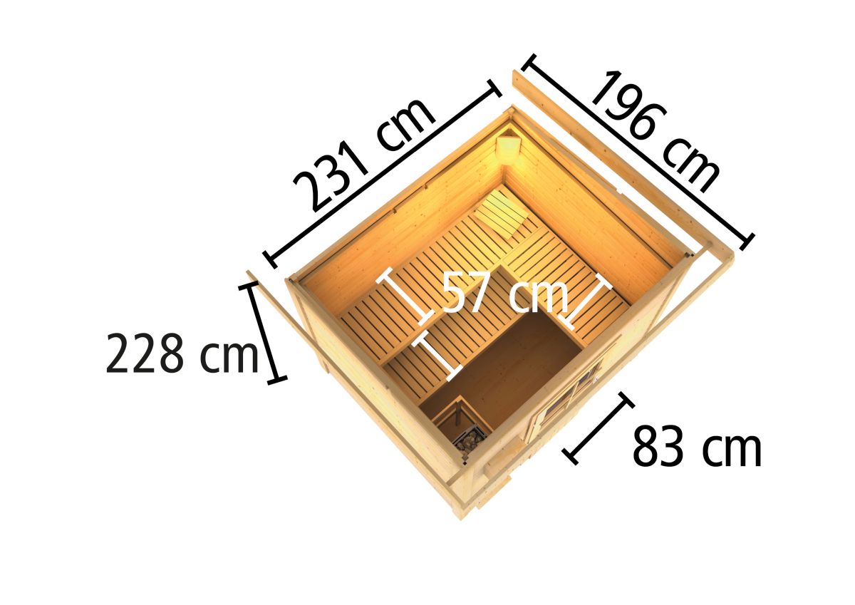 Karibu Saunahaus Hytti 3 -  231x196 cm, 38 mm naturbelassen | ohne Ofen