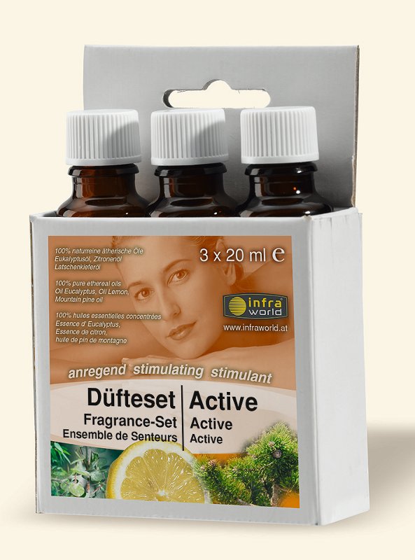 Sauna-Düfteset "Active", 3x 20 ml Duftöl Zitrone/Latschenkiefer/Eukalyptus, Infraworld