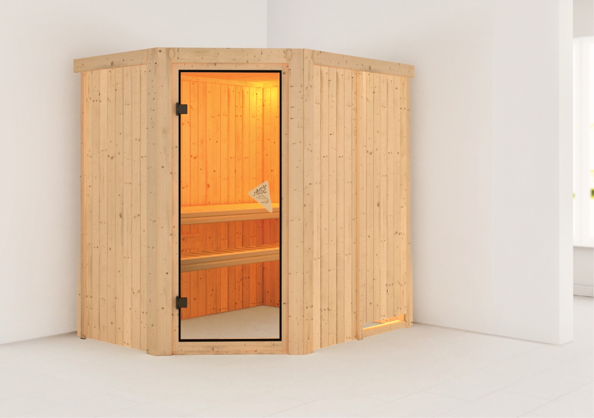 Karibu Plug & Play Sauna Saja - 151x196 cm, 68 mm Systemsauna | Glastür bronziert | ohne Ofen