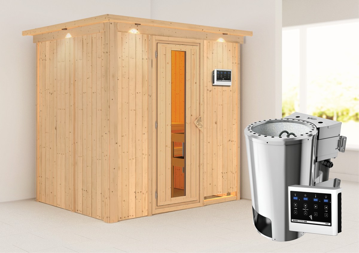 Karibu Energiespar-Sauna Benin GREEN POWER - 196x151 cm, 68 mm Systemsauna | Bio PnP-Ofen mit ext. Steuerung