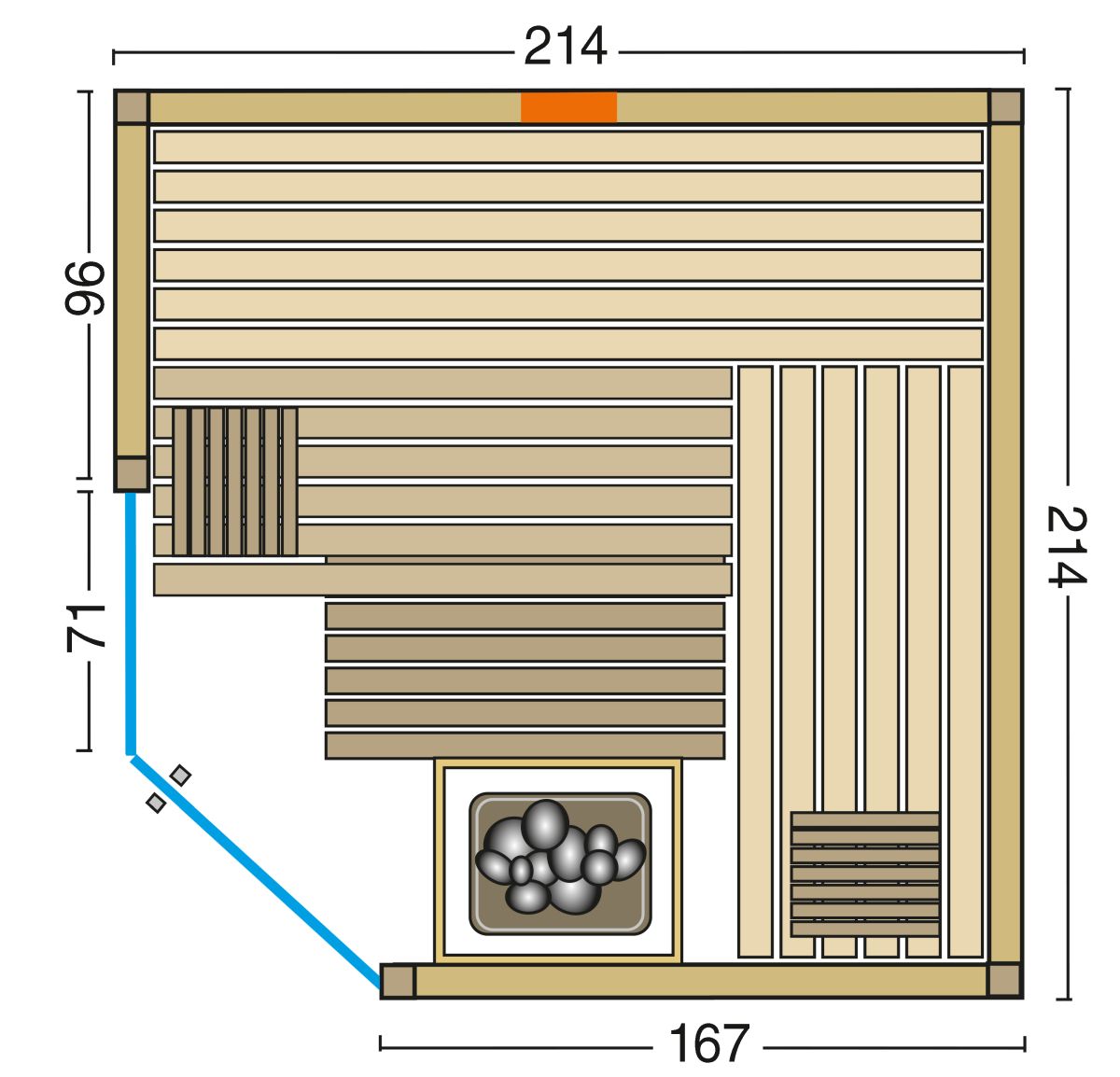 Kombisauna Safir Complete mit Eckeinstieg - 214x214 cm, 75 mm Elementsauna von Infraworld