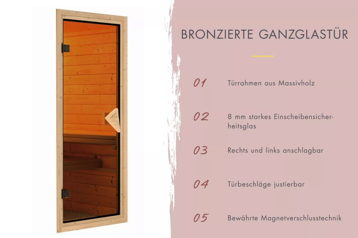 Karibu Plug & Play Sauna Minja - 151x151 cm, 68 mm Systemsauna | Glastür bronziert | ohne Ofen