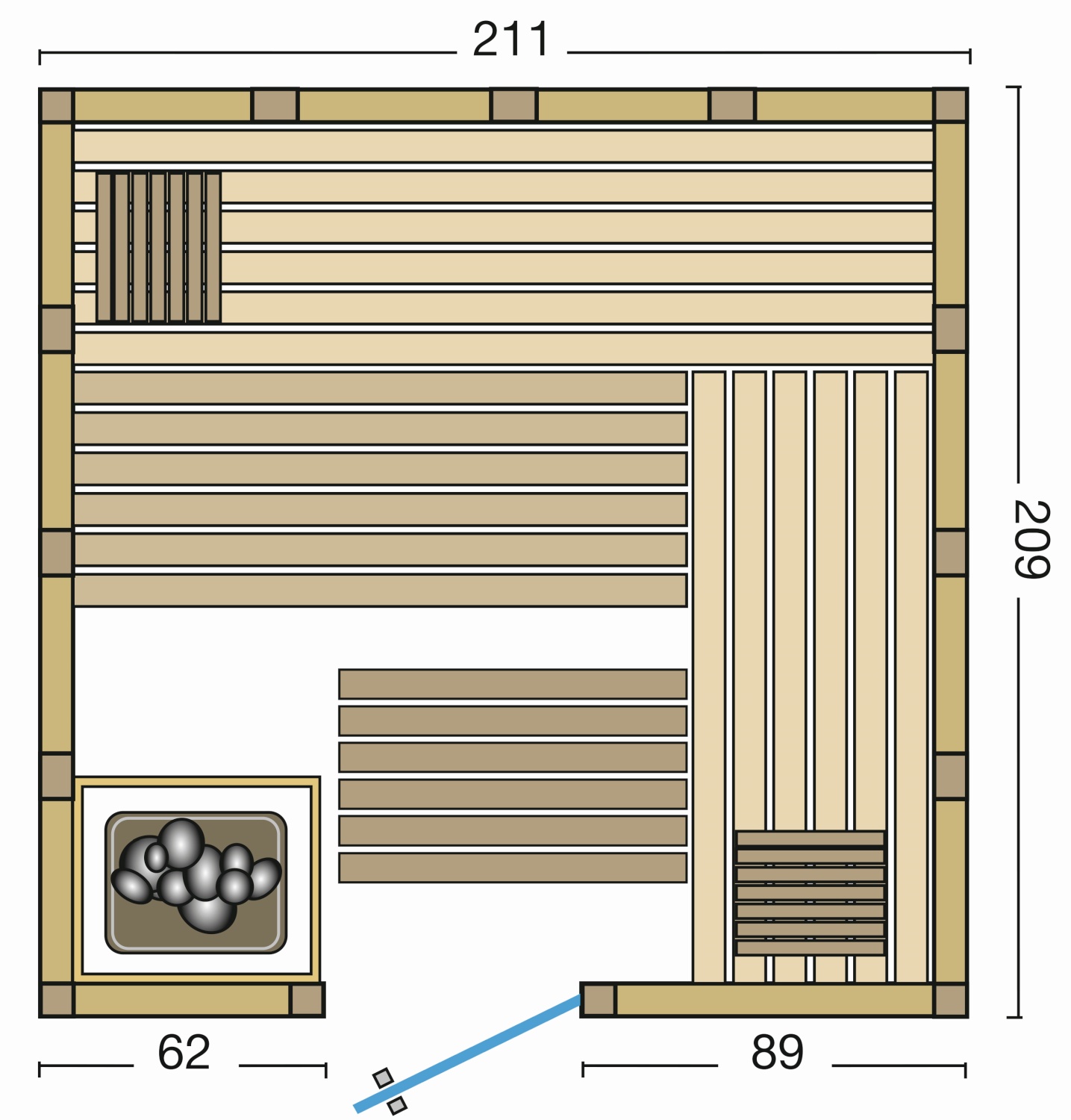 Infraworld Sauna Urban 209 gerade - 211x209 cm, 40 mm Blockbohlensauna