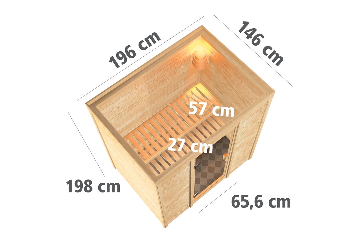 Karibu Sauna Sonja - 196 x 146 cm, 38 mm Massivholz | Energiespartür | ohne Ofen