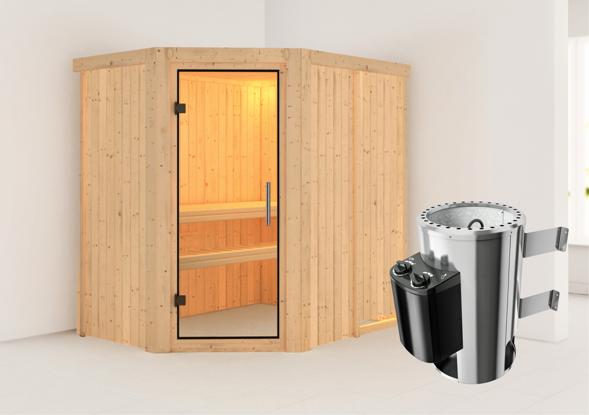 Karibu Plug & Play Sauna Saja - 151x196 cm, 68 mm Systemsauna | Tür Klarglas | PnP-Ofen mit integr. Steuerung