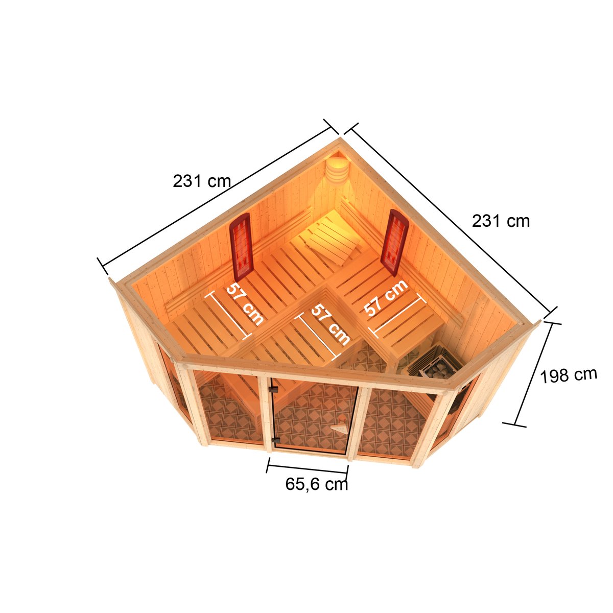 Karibu Sauna Asta - 231x231 cm, 68 mm Multifunktionssauna (Sauna / Infrarotkabine) | Ofen finnisch + IR-Strahler