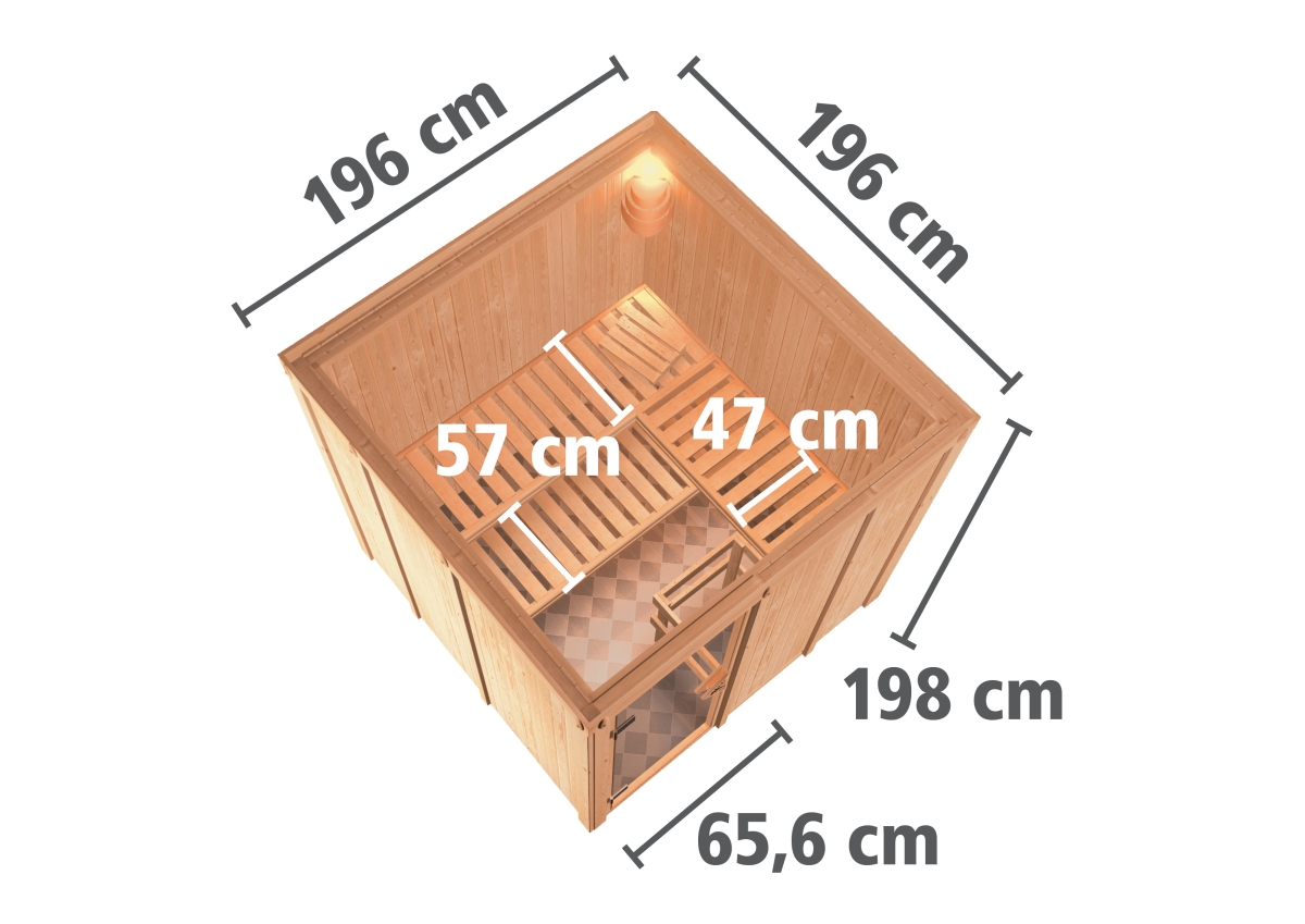 Karibu Sauna Rodin - 196x196 cm, 68 mm Systemsauna |  Tür Klarglas | ohne Ofen