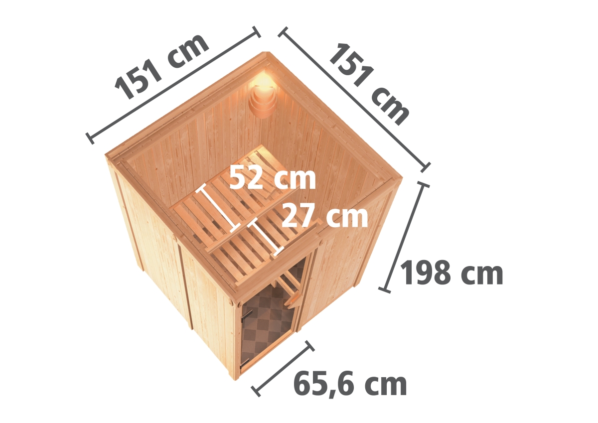 Karibu Plug & Play Sauna Minja - 151x151 cm, 68 mm Systemsauna | Glastür graphit | PnP-Ofen  mit ext. Steuerung