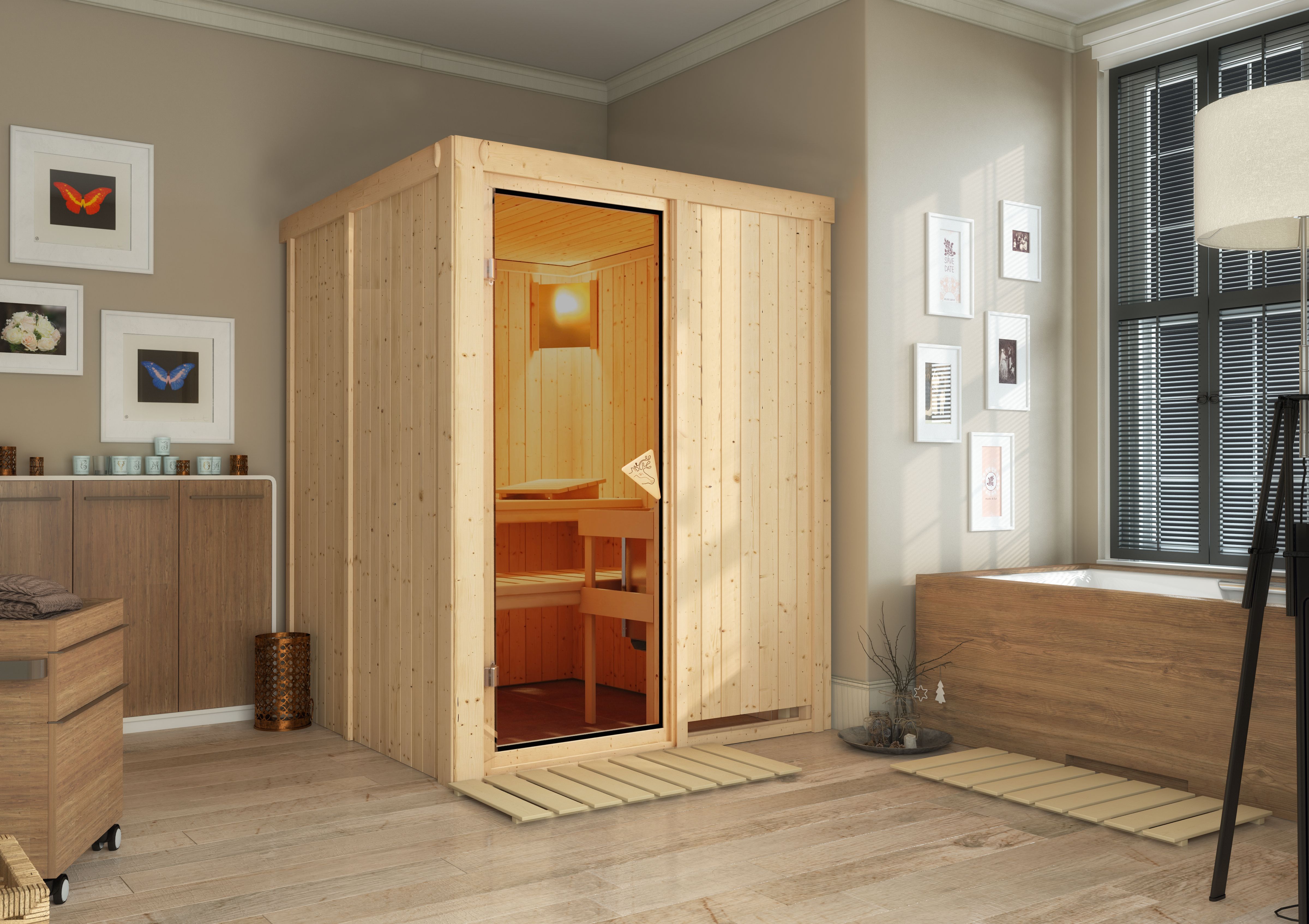 Karibu Plug & Play Sauna Minja - 151x151 cm, 68 mm Systemsauna | Glastür bronziert | ohne Ofen