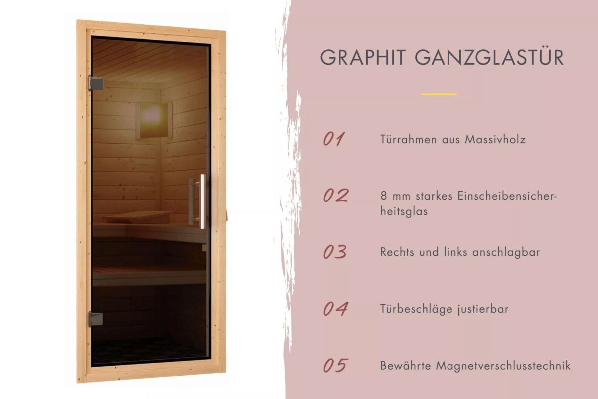 Karibu Sauna Leona - 231 x 231 cm, 38 mmMassivholzsauna | Glastür graphit | ohne Ofen