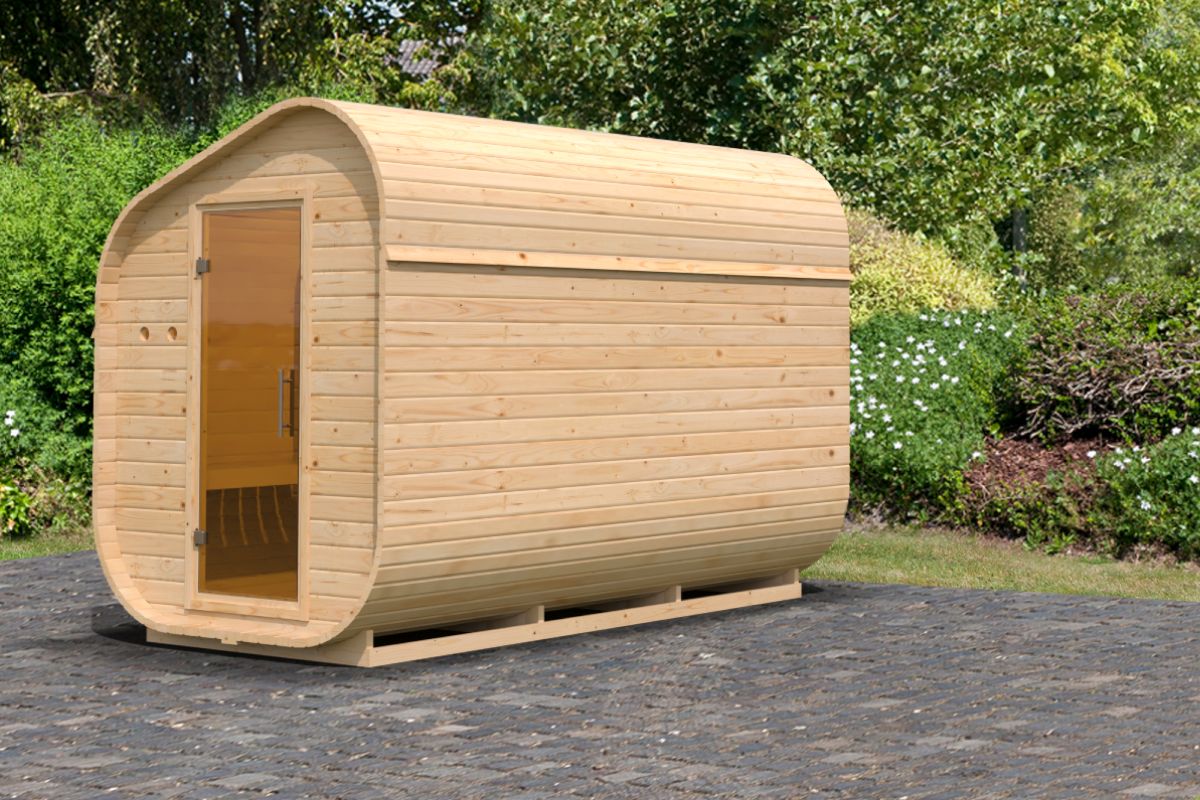 Fasssauna asymmetrisch 3 - 199x355 cm, 38 mm Gartensauna mit Vorraum | ohne Ofen