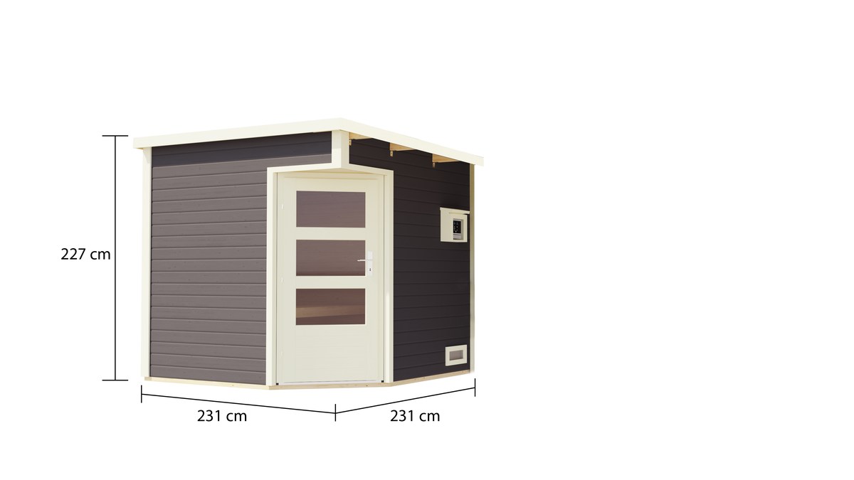 Karibu Eck-Saunahaus Pelle - 231x231 cm, 38 mm Gartensauna terragrau | Bio-Ofen 9 kW