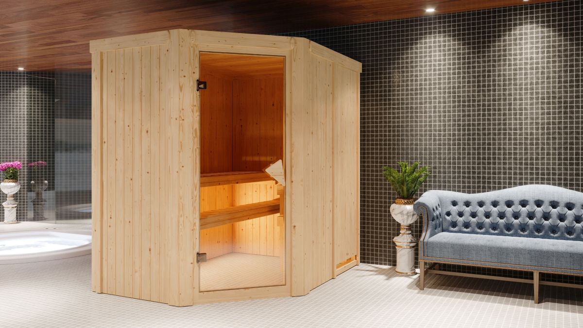 Karibu Plug & Play Sauna Saja - 151x196 cm, 68 mm Systemsauna | Glastür bronziert | ohne Ofen