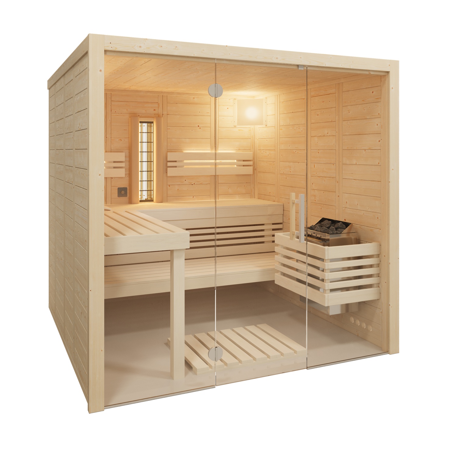 Kombisauna Solido Glas Complete - 210x212 cm, 40 mm Massivholzsauna mit Infrarot