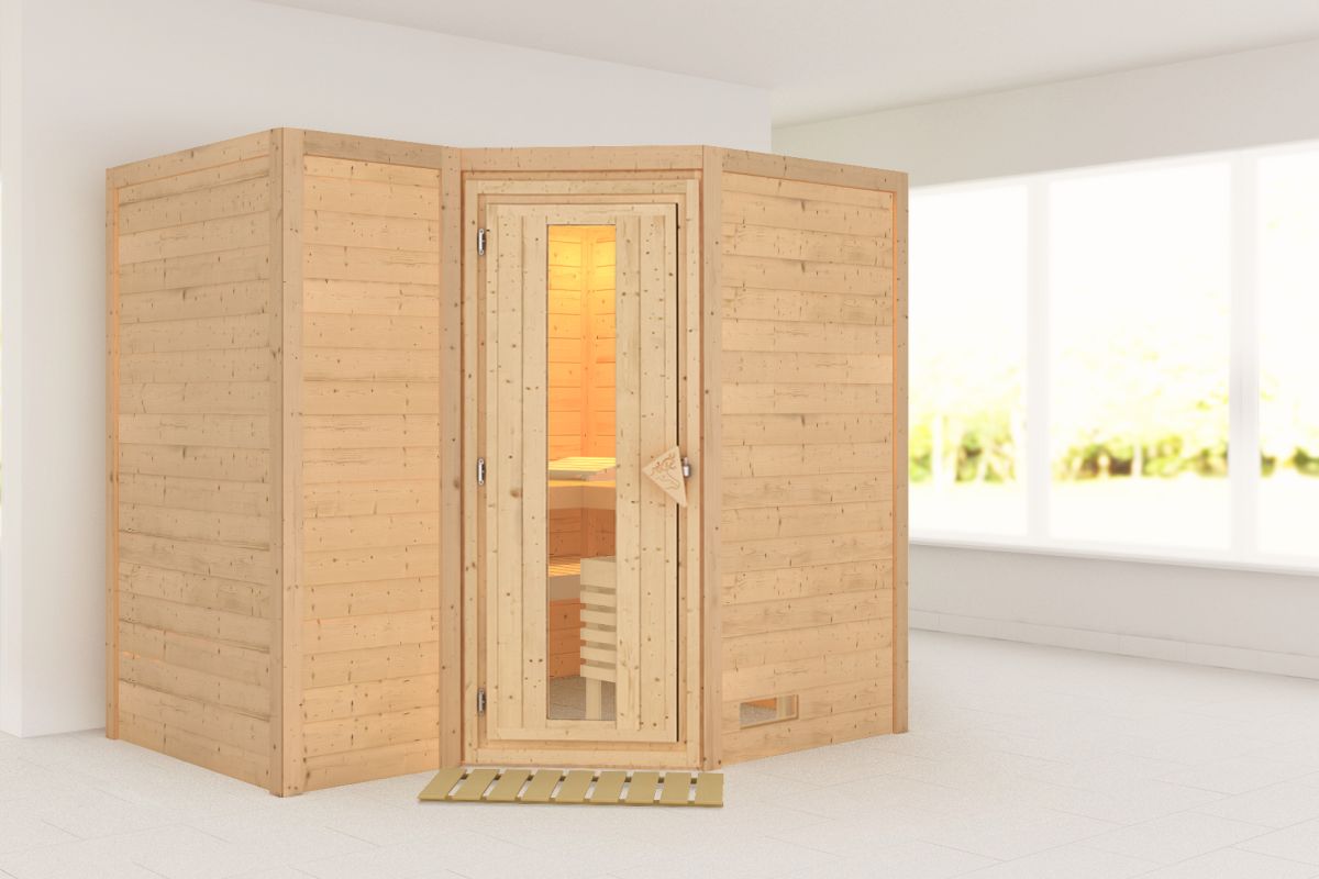 Karibu Sauna Sahib 2 - 236x184 cm, 38 mm Massivholz | Energiespartür | ohne Ofen