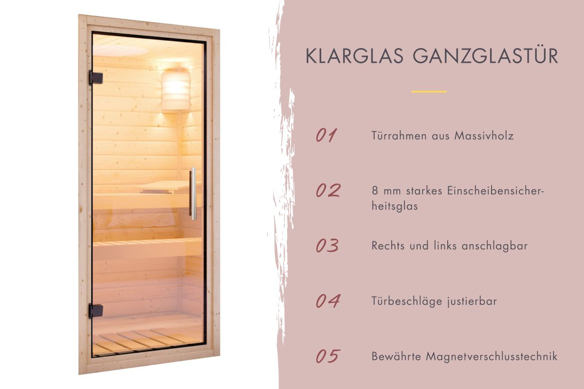 Karibu Sauna Mia - 196 x 170 cm, 38 mm Massivholz | Tür Klarglas | ohne Ofen