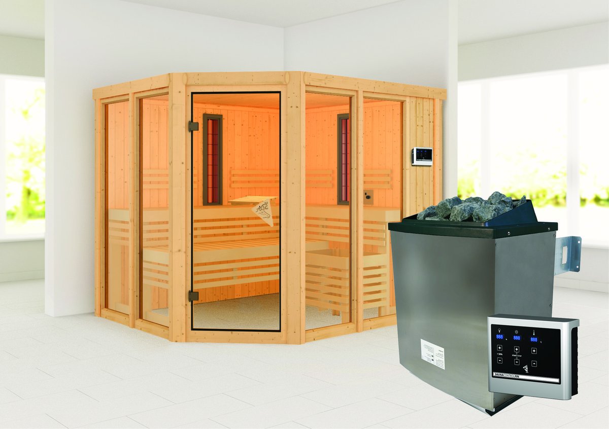 Karibu Sauna Ava - 231x196 cm, 68 mm Multifunktionssauna (Sauna / Infrarotkabine) | Ofen finnisch + IR-Strahler