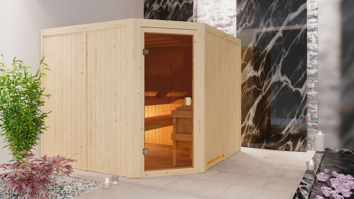 Karibu Sauna Ystad - 231 x 231 cm, 68 mm Systemsauna | ohne Ofen