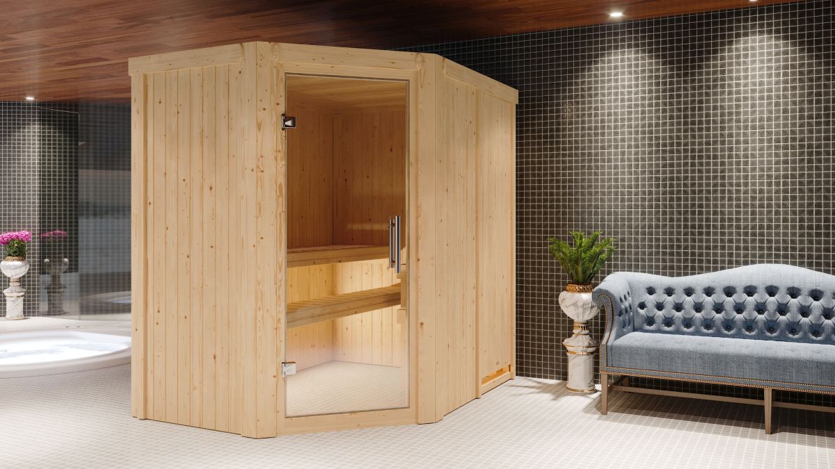 Karibu Plug & Play Sauna Saja - 151x196 cm, 68 mm Systemsauna | Tür Klarglas | PnP-Ofen mit integr. Steuerung