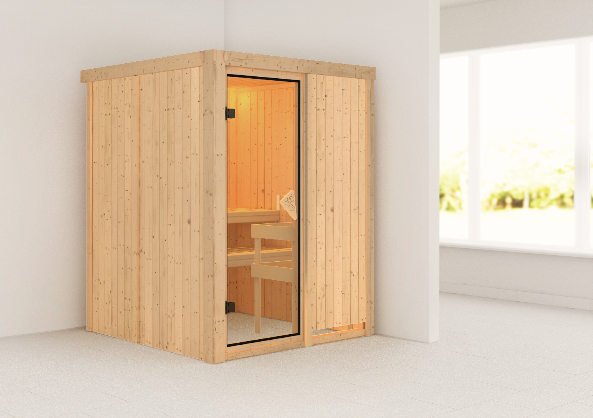 Karibu Plug & Play Sauna Minja - 151x151 cm, 68 mm Systemsauna | Glastür bronziert | ohne Ofen