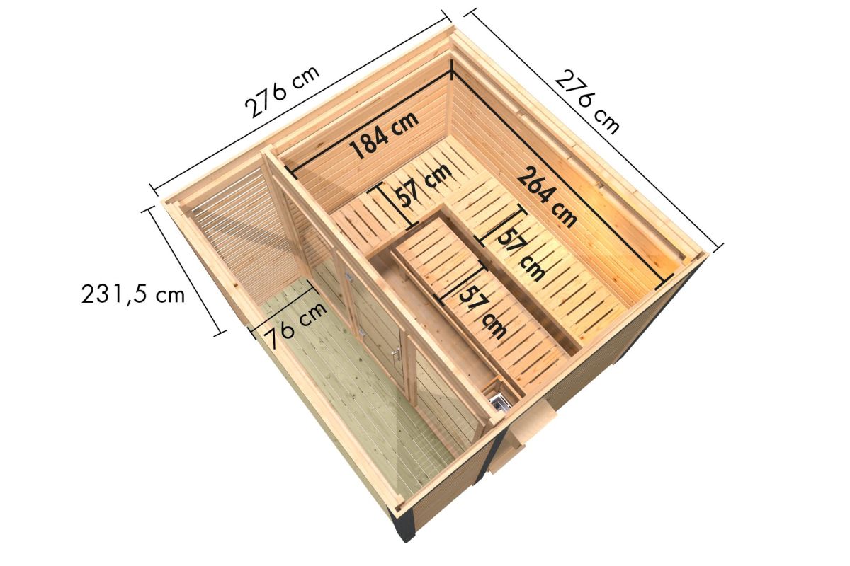 Hybrid-Saunahaus Ares 3 - 276x276 cm, 38mm Außensauna natur/anthrazit | ohne Ofen