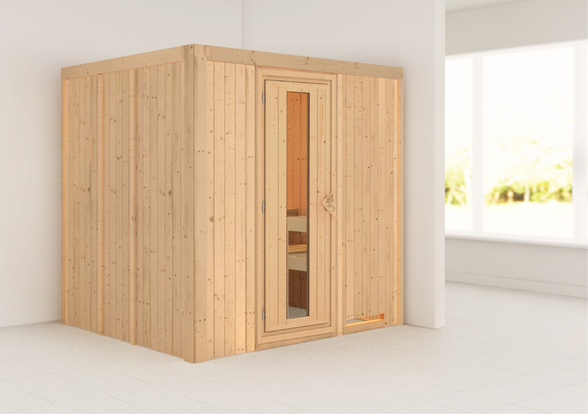 Karibu Plug & Play Sauna Daria - 196x170 cm, 68 mm Systemsauna | Energiespartür | ohne Ofen