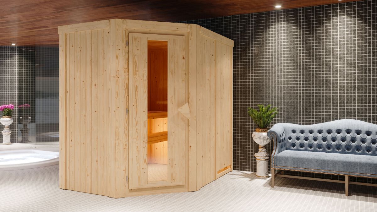 Karibu Sauna Carin 196x151 cm, 68 mm Systemsauna | Energiespartür | ohne Ofen