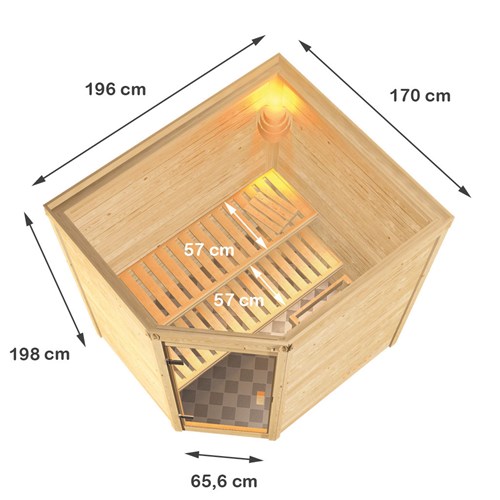 Karibu Sauna Mia - 196 x 170 cm, 38 mm Massivholz | Energiespartür | ohne Ofen