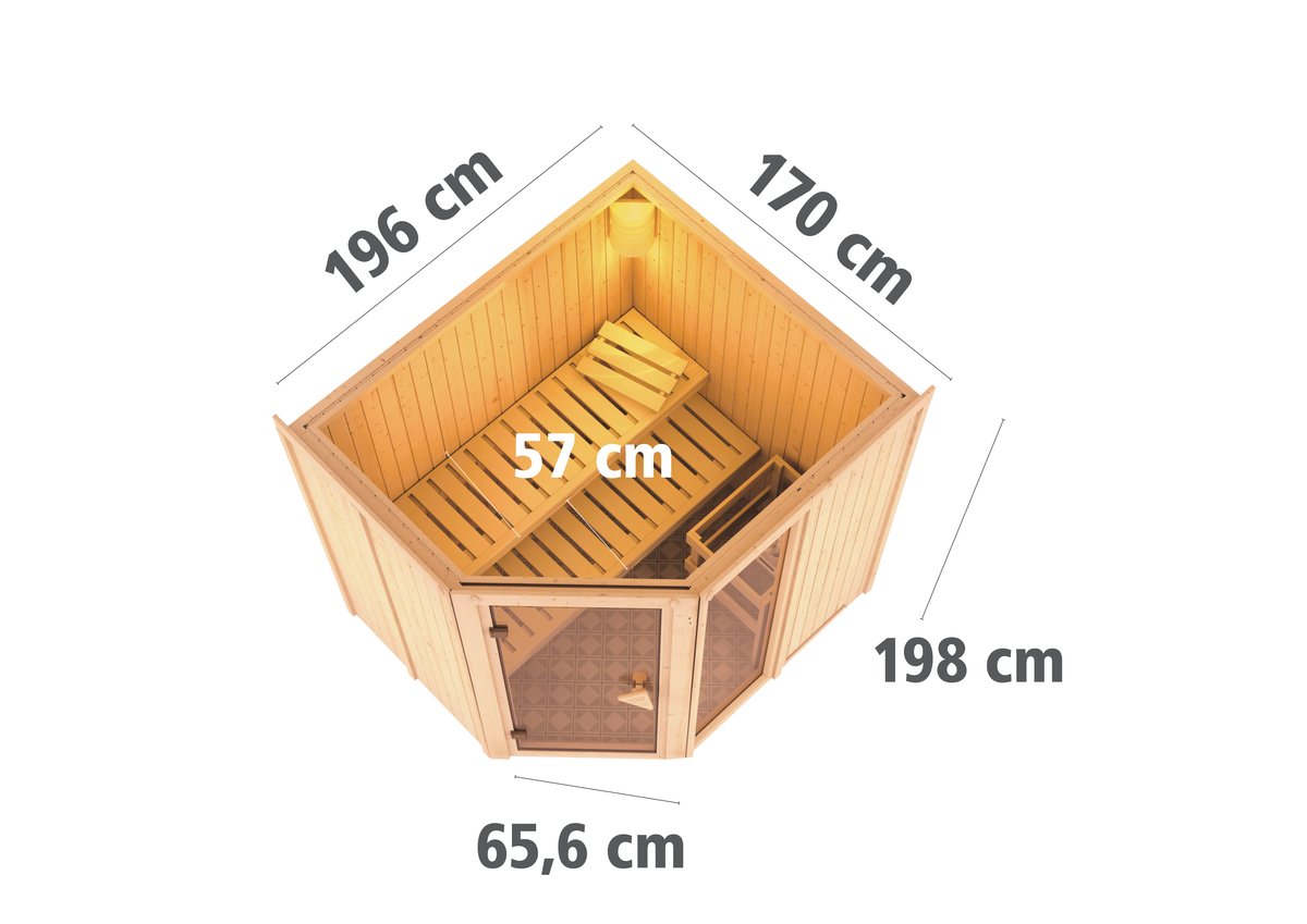 Karibu Sauna Fiona 2 - 196x170 cm, 68 mm Systemsauna "Exklusiv", ohne Kranz|ohne Ofen