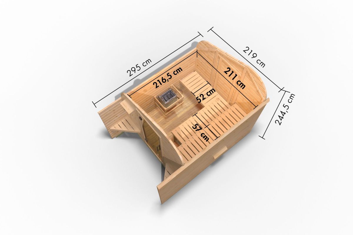 Sauna-Fasshaus 2 asymmetrisch - 219x295 cm, 38 mm Saunahaus | ohne Ofen