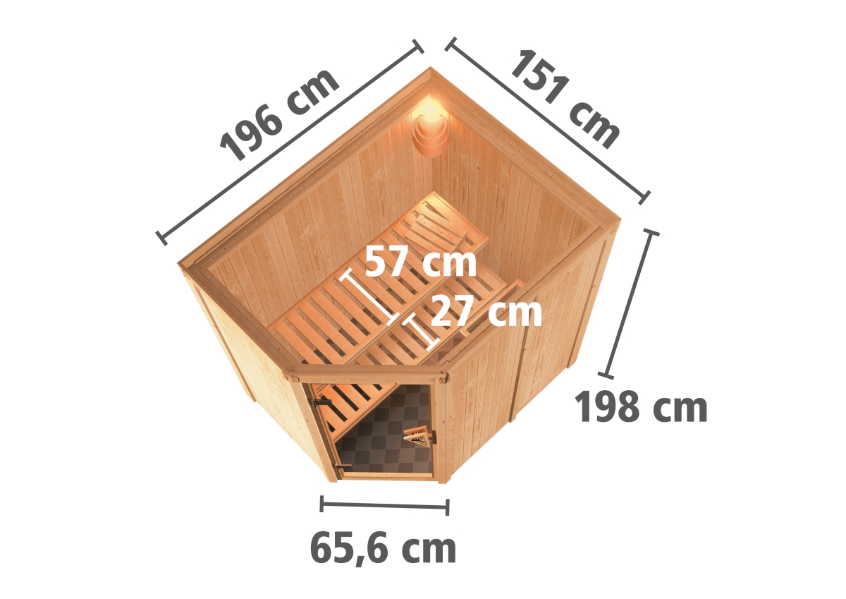 Karibu Sauna Carin 196x151 cm, 68 mm Systemsauna | Energiespartür | ohne Ofen