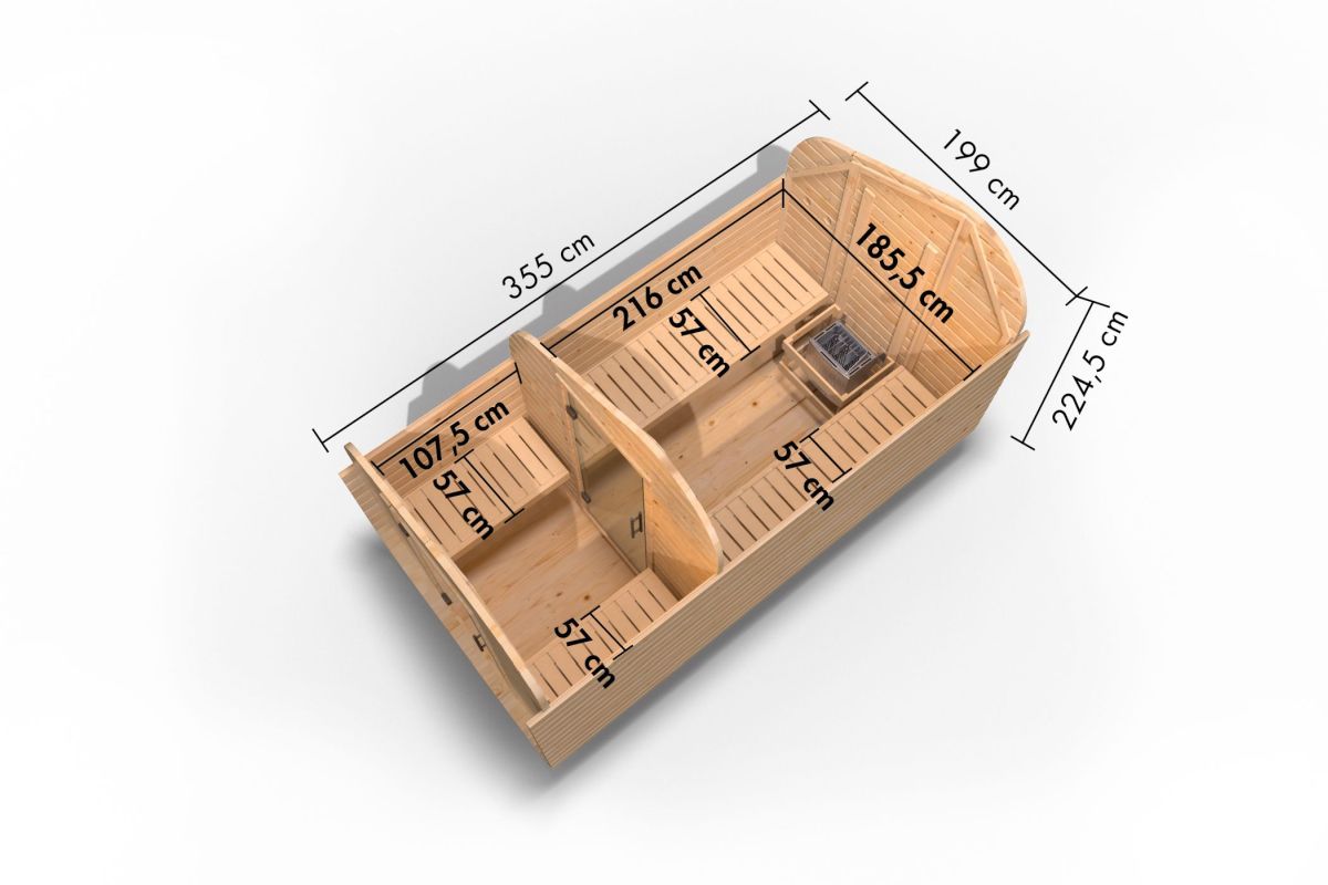 Fasssauna asymmetrisch 3 - 199x355 cm, 38 mm Gartensauna mit Vorraum | ohne Ofen