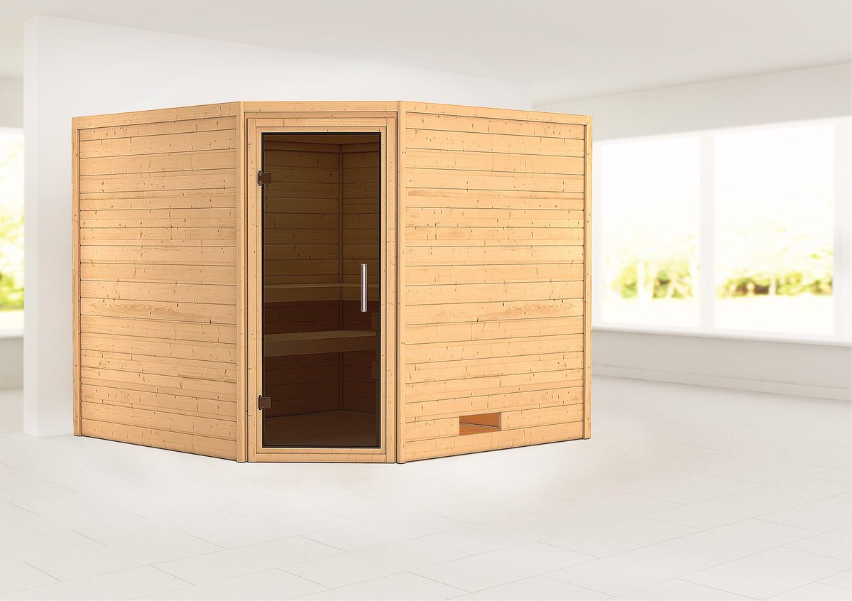 Karibu Sauna Leona - 231 x 231 cm, 38 mmMassivholzsauna | Glastür graphit | ohne Ofen