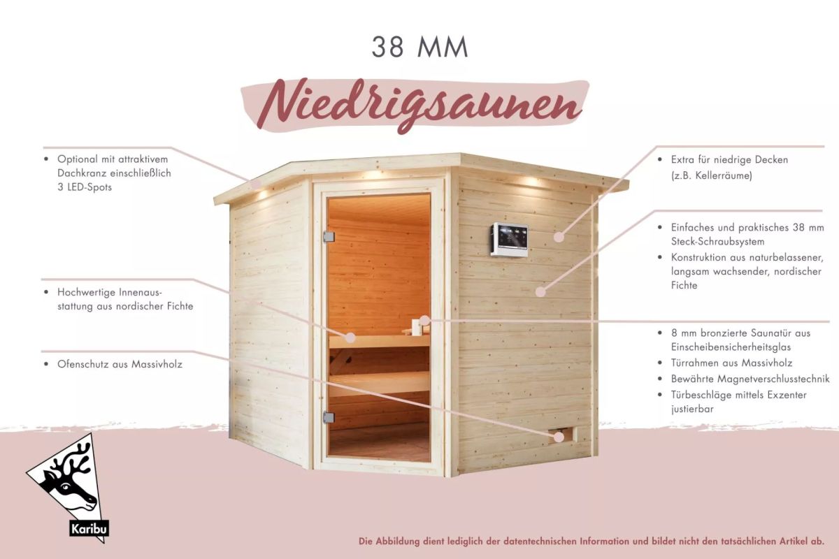 Karibu Sauna Elea - 195 x 169 cm, 38 mm Massivholzsauna | ohne Ofen