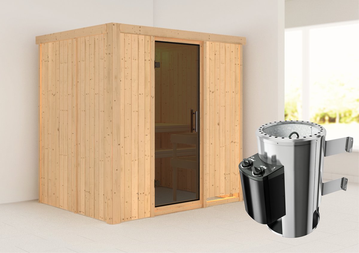 Karibu Plug & Play Sauna Fanja - 196x151 cm, 68 mm Systemsauna|Glastür graphit|PnP-Ofen 1