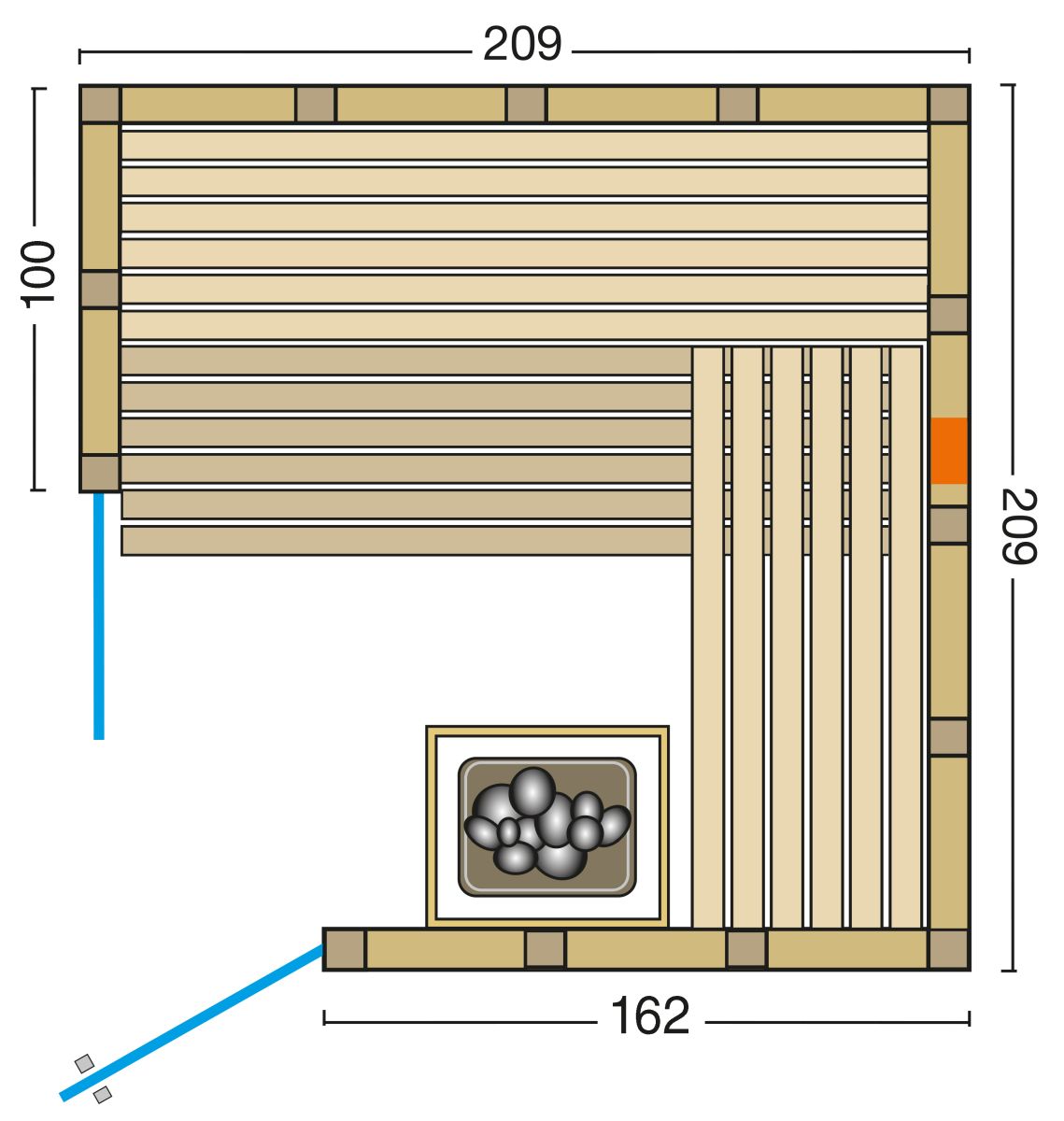 Kombisauna Solido Complete 209 mit Eckeinstieg links - 209x209 cm, 40 mm Massivholzsauna