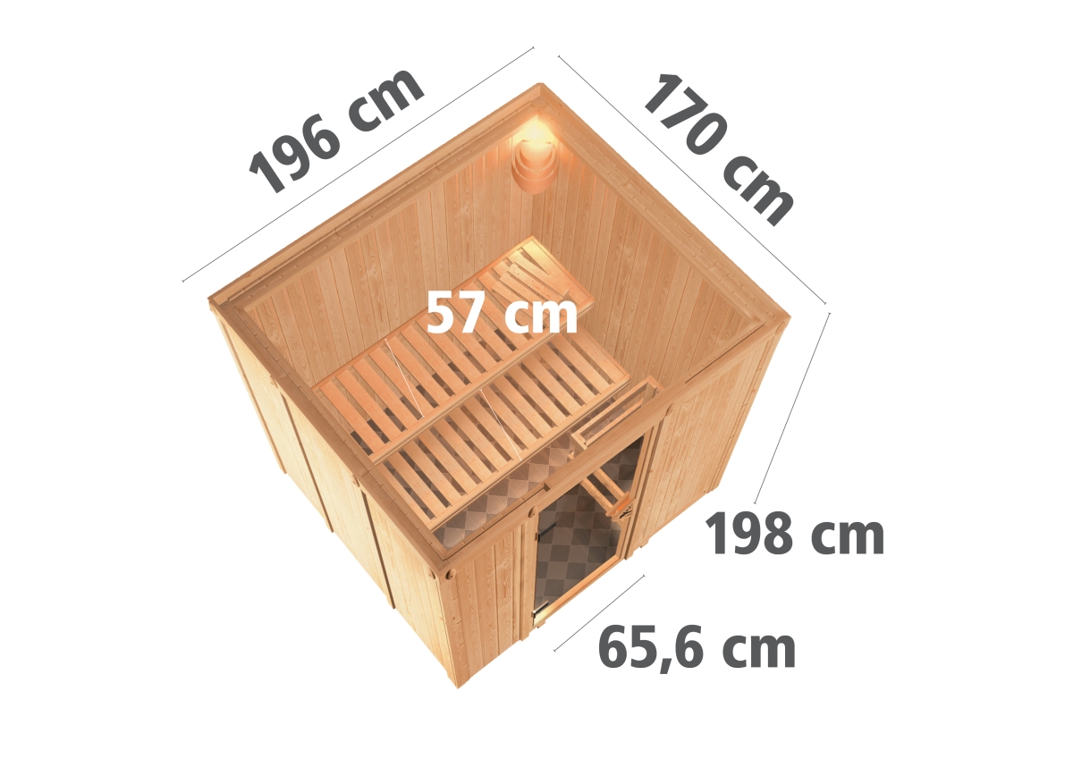 Karibu Plug & Play Sauna Daria - 196x170 cm, 68 mm Systemsauna | Energiespartür | ohne Ofen