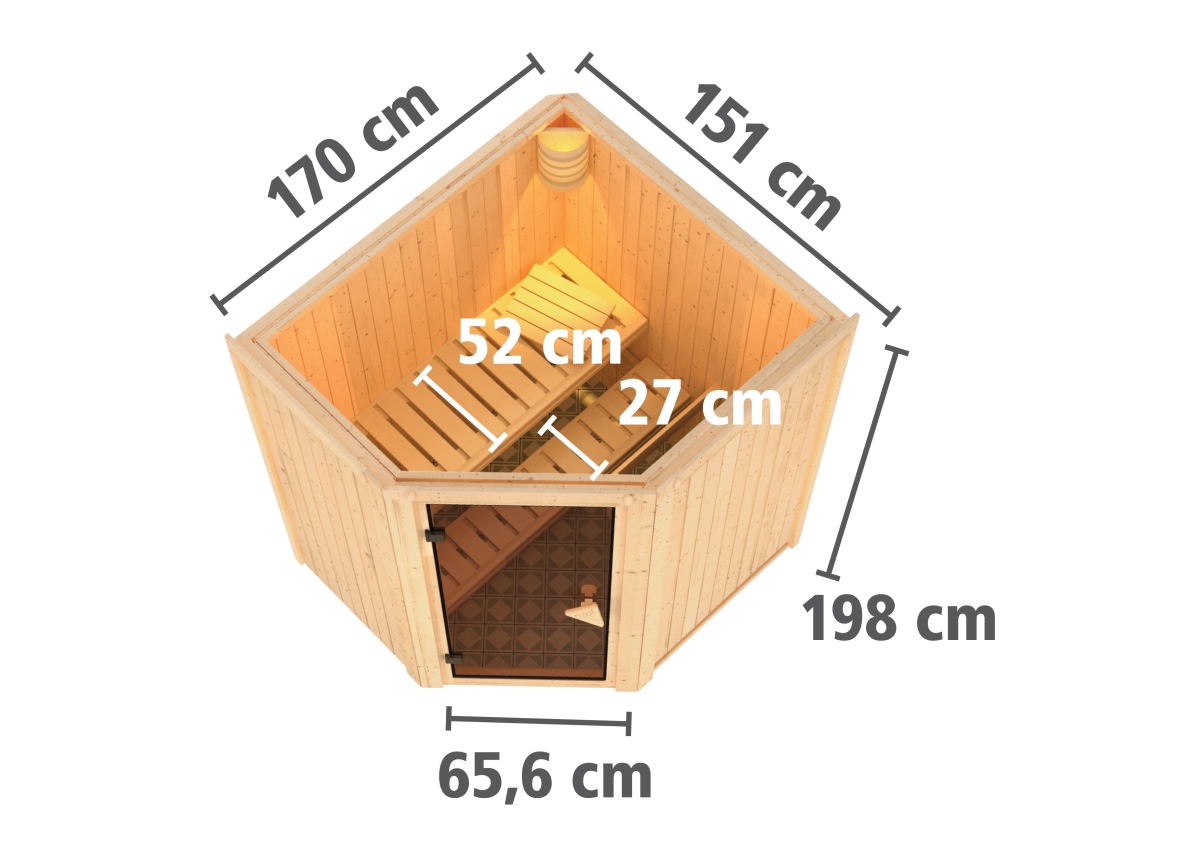 Karibu Sauna Taurin - 170x151 cm, 68 mm Systemsauna | Glastür bronziert | ohne Ofen