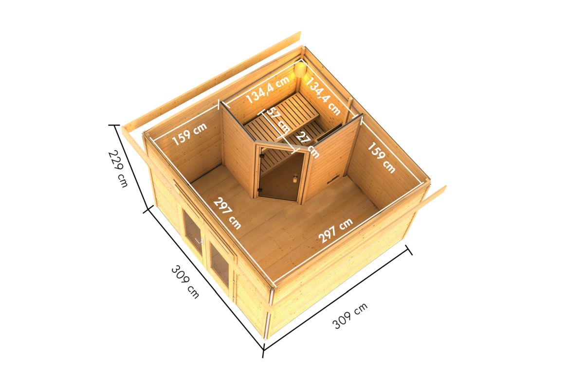 Saunahaus Mainburg 1 Set 0 - 309x309 cm, 38mm Holz natur | ohne Ofen